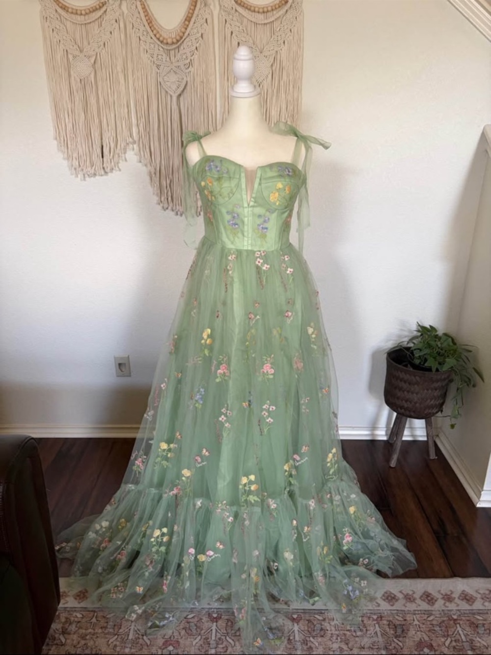Green Floral Tulle Gown with Sweetheart Bodice